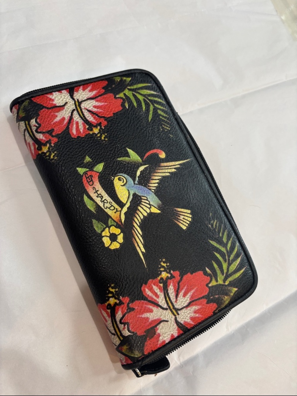 Ed Hardy Black Floral Hummingbird Zip Wallet